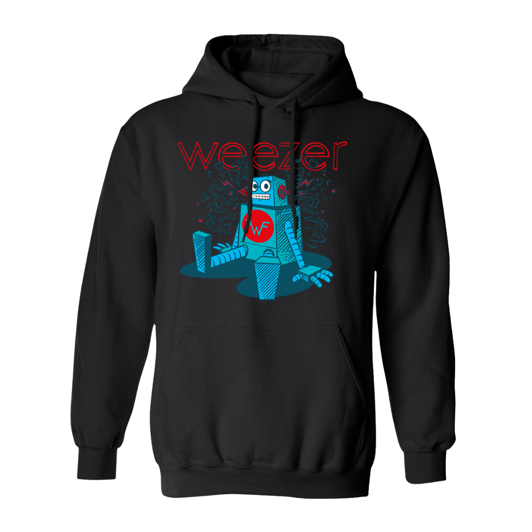 Black hooded sweatshirt featuring a vibrant blue robot graphic with red ’weezer’ text above it.