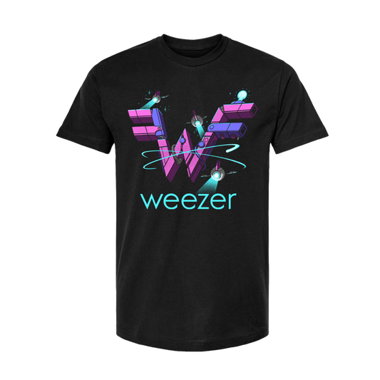 Black cotton t-shirt featuring a vibrant, stylized ’w’ logo in pink and purple with teal accents and the word ’weezer’ printed below.