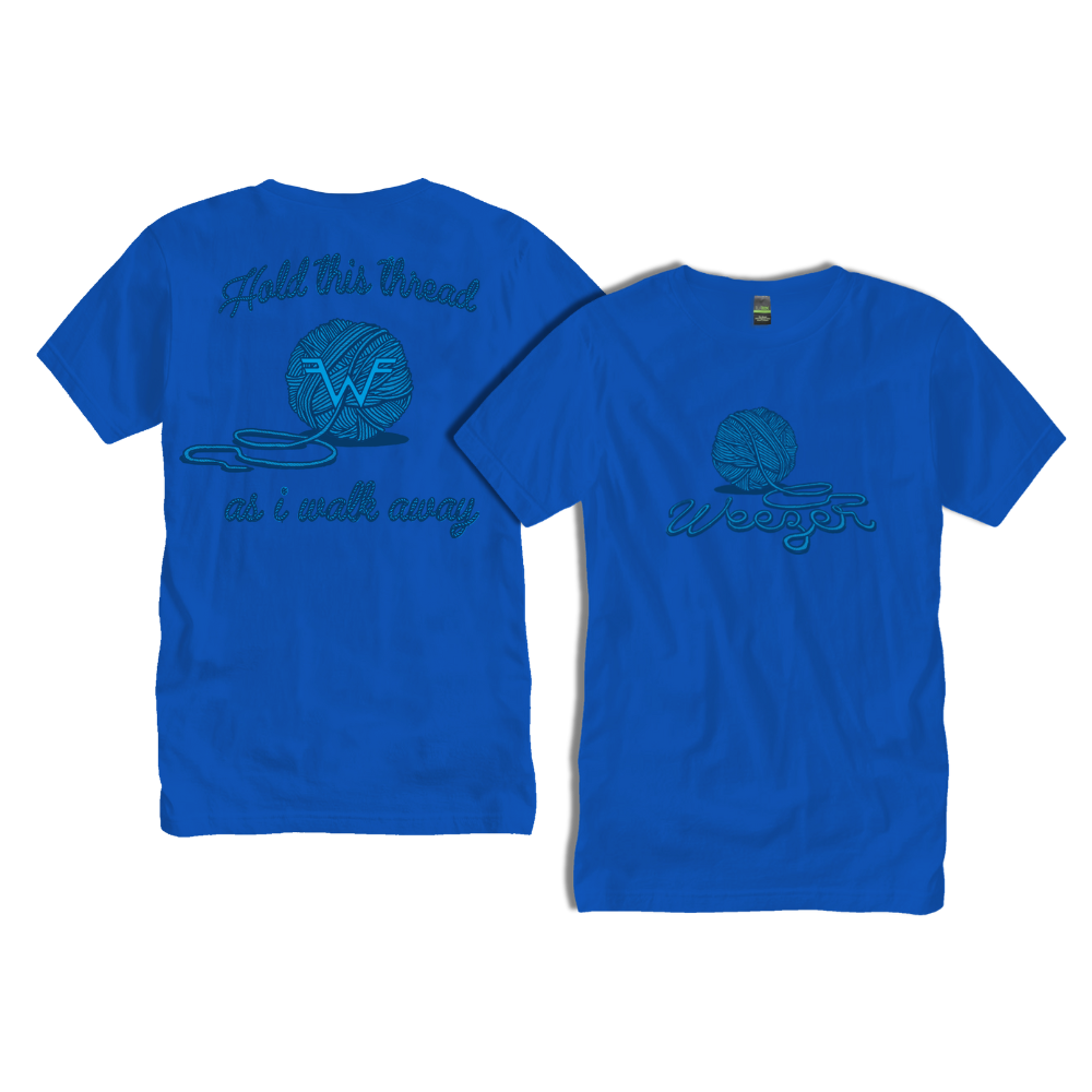 Bright blue cotton t-shirt featuring a teal embroidered design of a yarn ball with the word ’weezer’ and the phrase ’hold this thread or i walk away.’