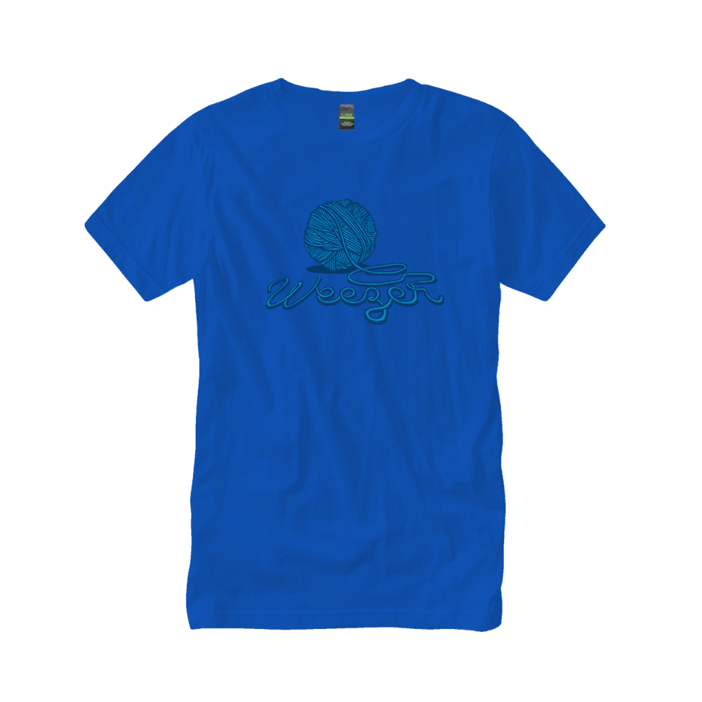 Bright blue cotton t-shirt featuring a teal embroidered design of a yarn ball and the word ’weezer’ in cursive script.