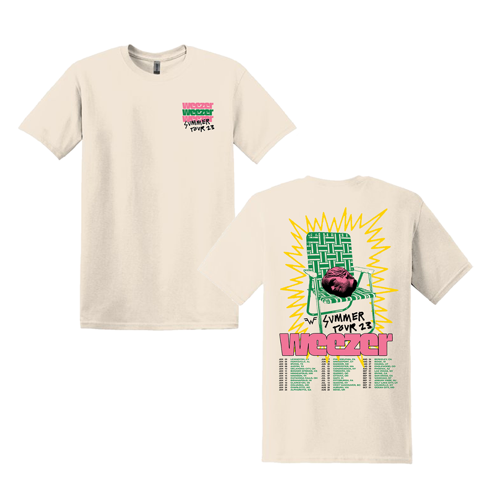 Beige t-shirt with Weezer summer tour 2023 design on front and back.