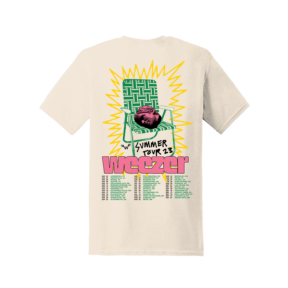 T-shirt featuring a Weezer summer tour 2023 design with a lawn chair and tour dates.