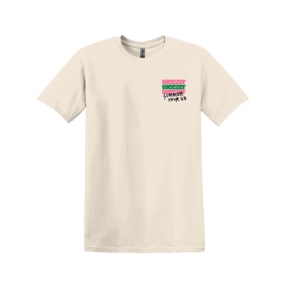 Beige t-shirt with colorful text on the upper left chest area.