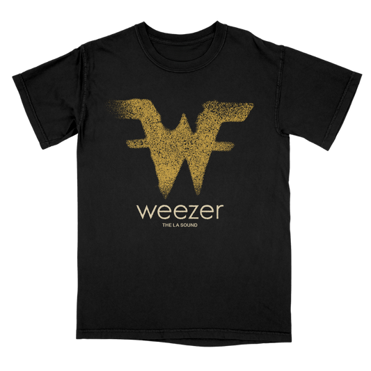 Black short-sleeved sound tee with textured gold W logo and white weezer and the la sound text from Weezer official store