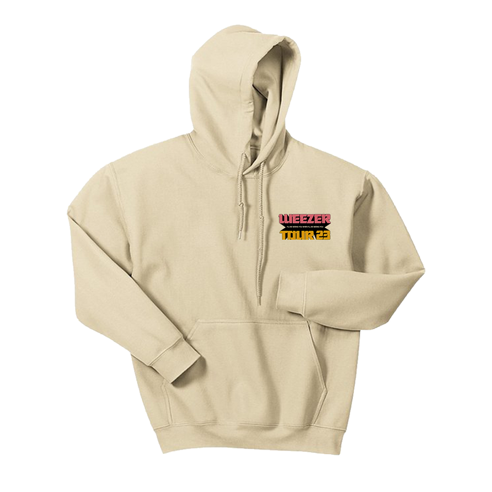 Beige hooded sweatshirt with ’Weezer’ logo on the chest.