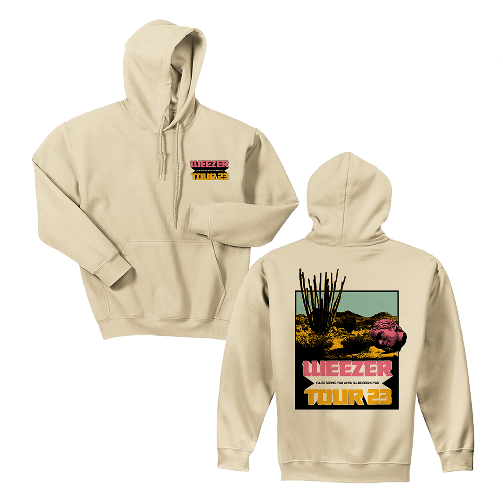 Beige hoodie sweatshirt with ’Weezer Tour’ graphics on front and back.
