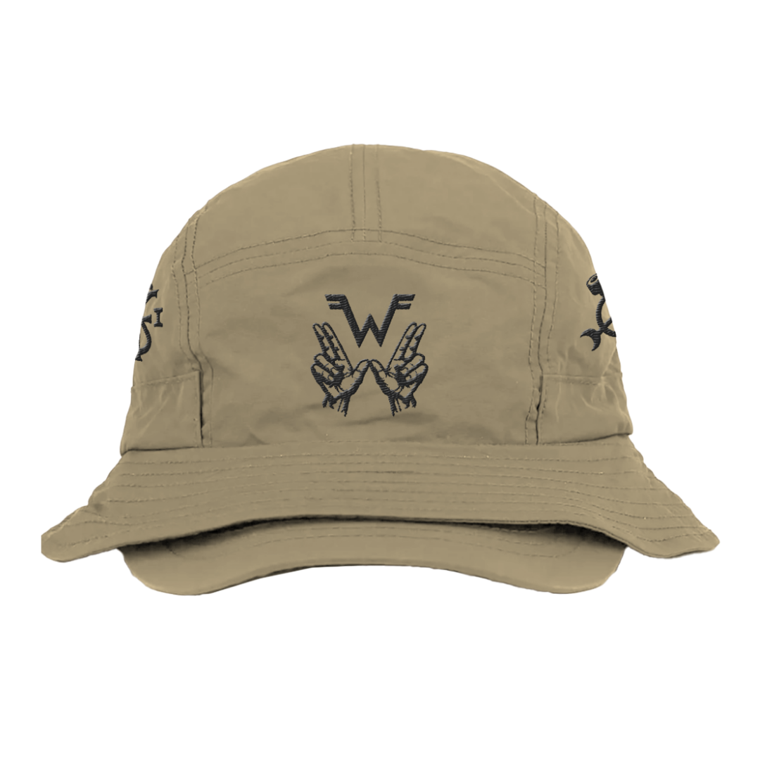 Beige four symbols bucket brim hat with black embroidered peace sign hands and wf logo uniform WZR.H01 design