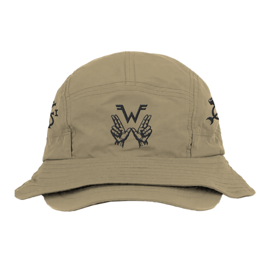 Beige four symbols bucket brim hat with black embroidered peace sign hands and wf logo uniform WZR.H01 design