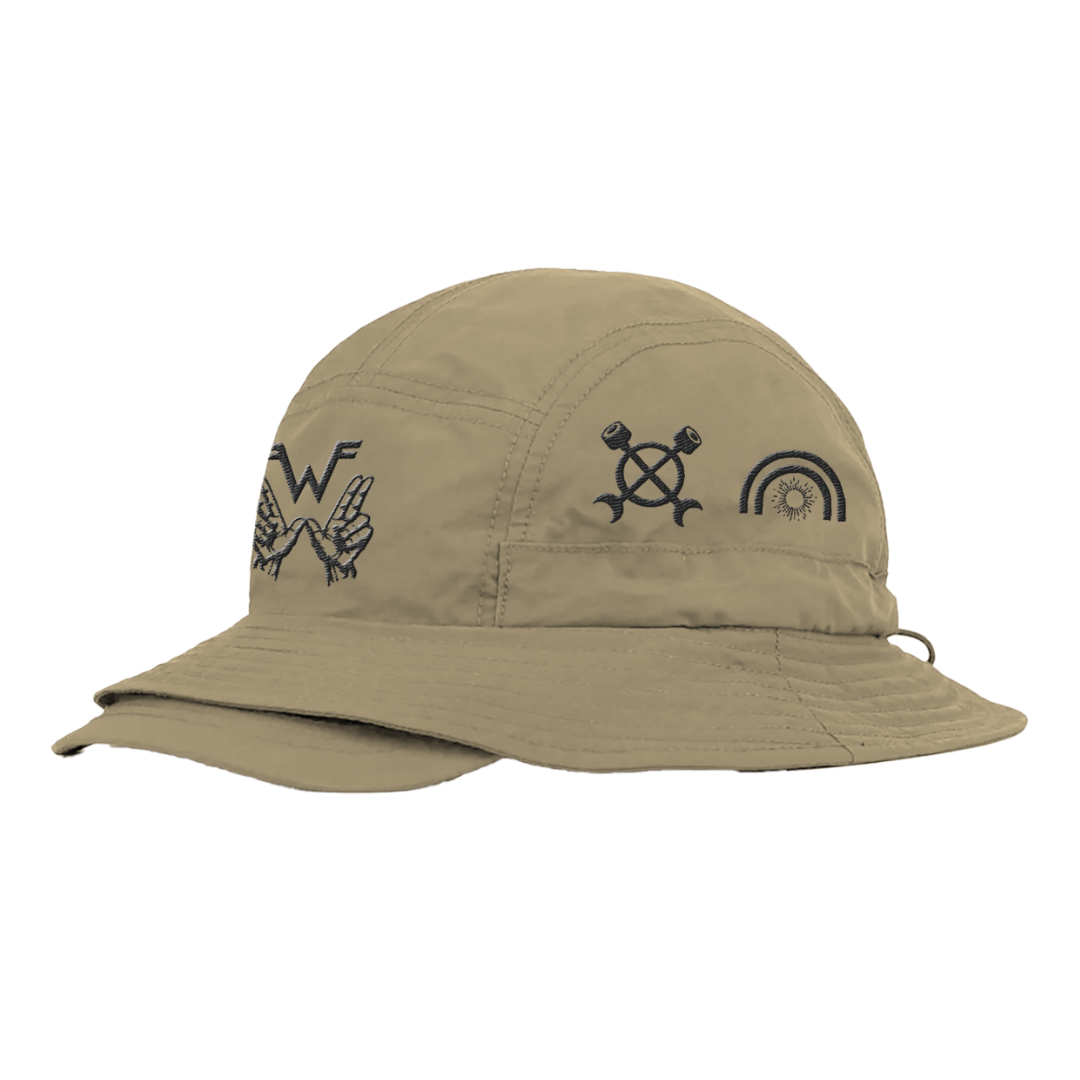 Beige four symbols bucket brim hat with black embroidered logos front design uniform WZR.H01 style