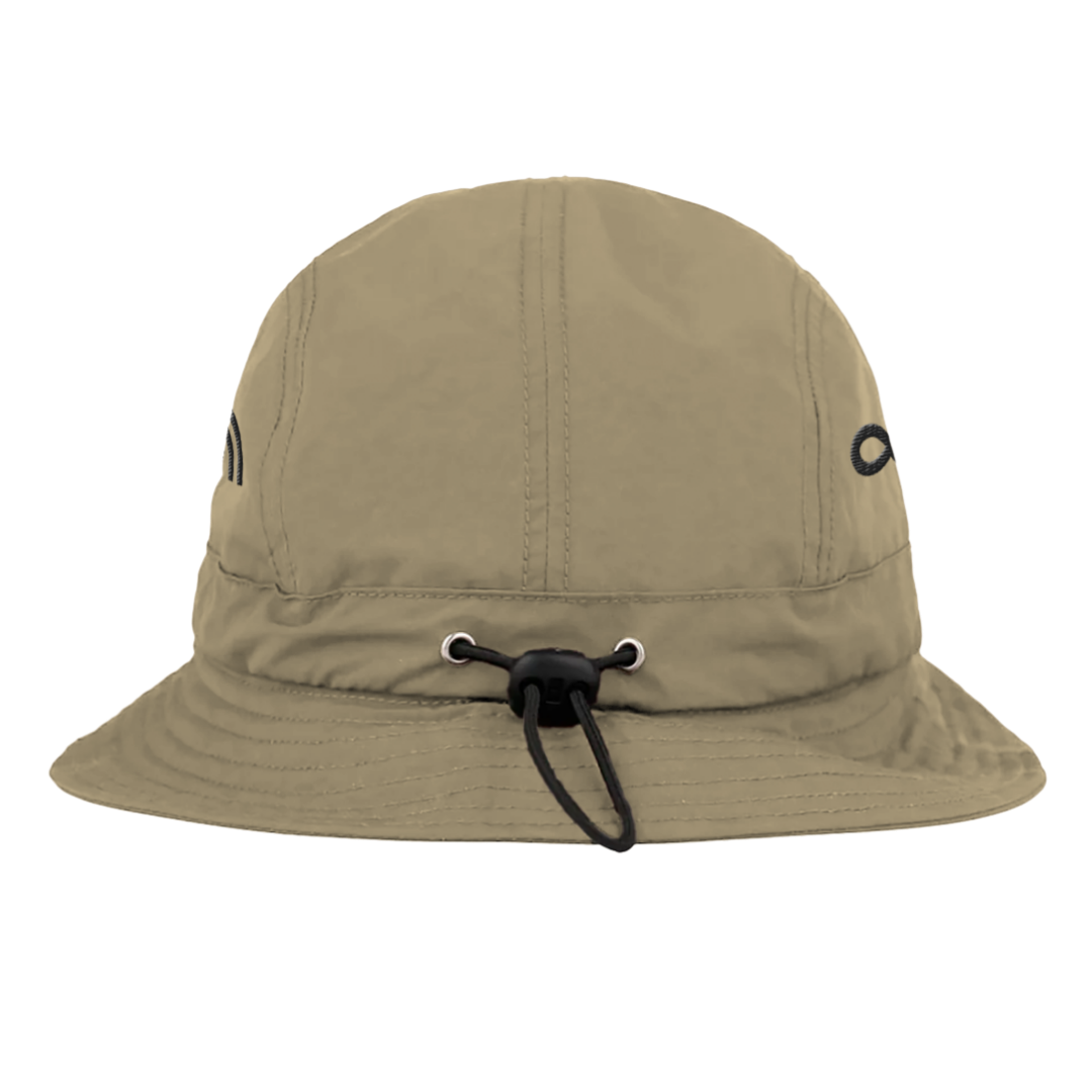 Beige bucket brim hat with black drawstring and subtle embroidered logo on each side from four symbols bucket collection