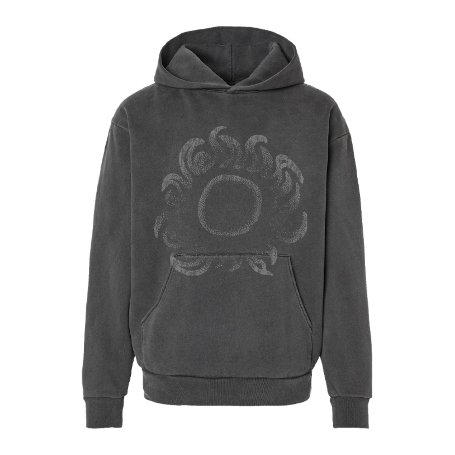Dark gray solar observation hoodie featuring a faded intricate sunburst graphic on the front for observation use