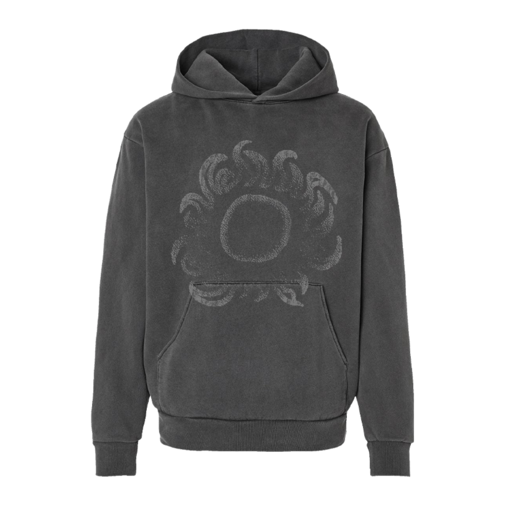 Dark gray solar observation hoodie featuring a faded intricate sunburst graphic on the front for observation use