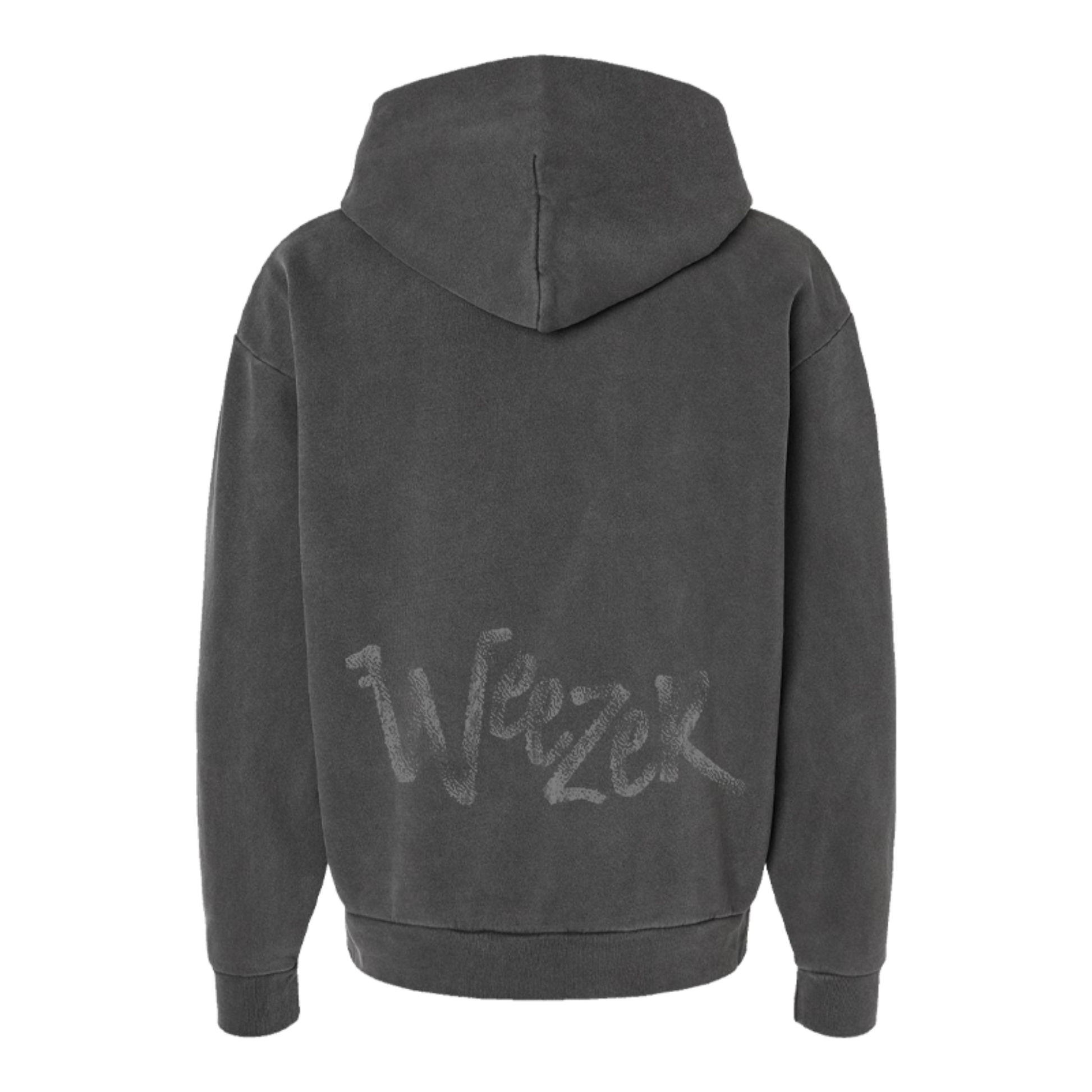 Back of dark gray cotton solar observation hoodie with faded distressed weezer logo in stylized script