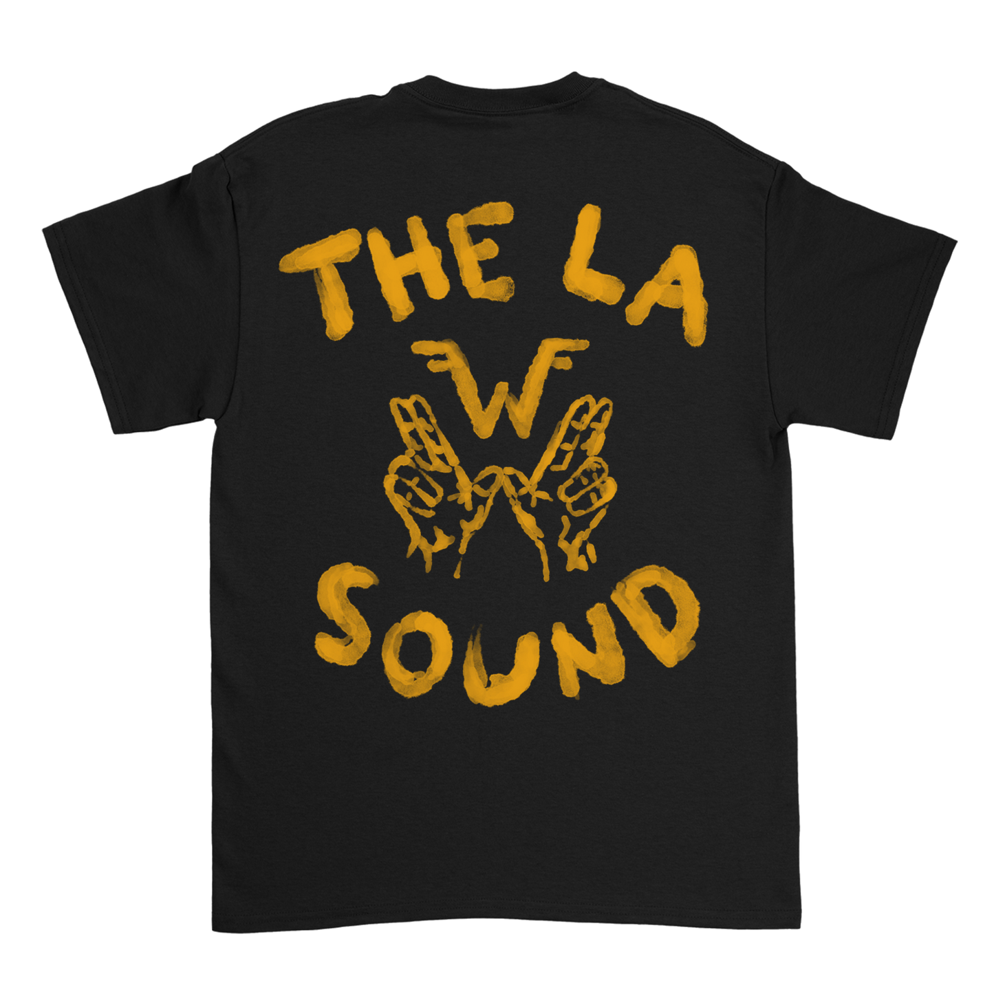 Black cotton unisex short-sleeved sound shirt featuring a bold yellow la sound graphic with stylized hands forming w