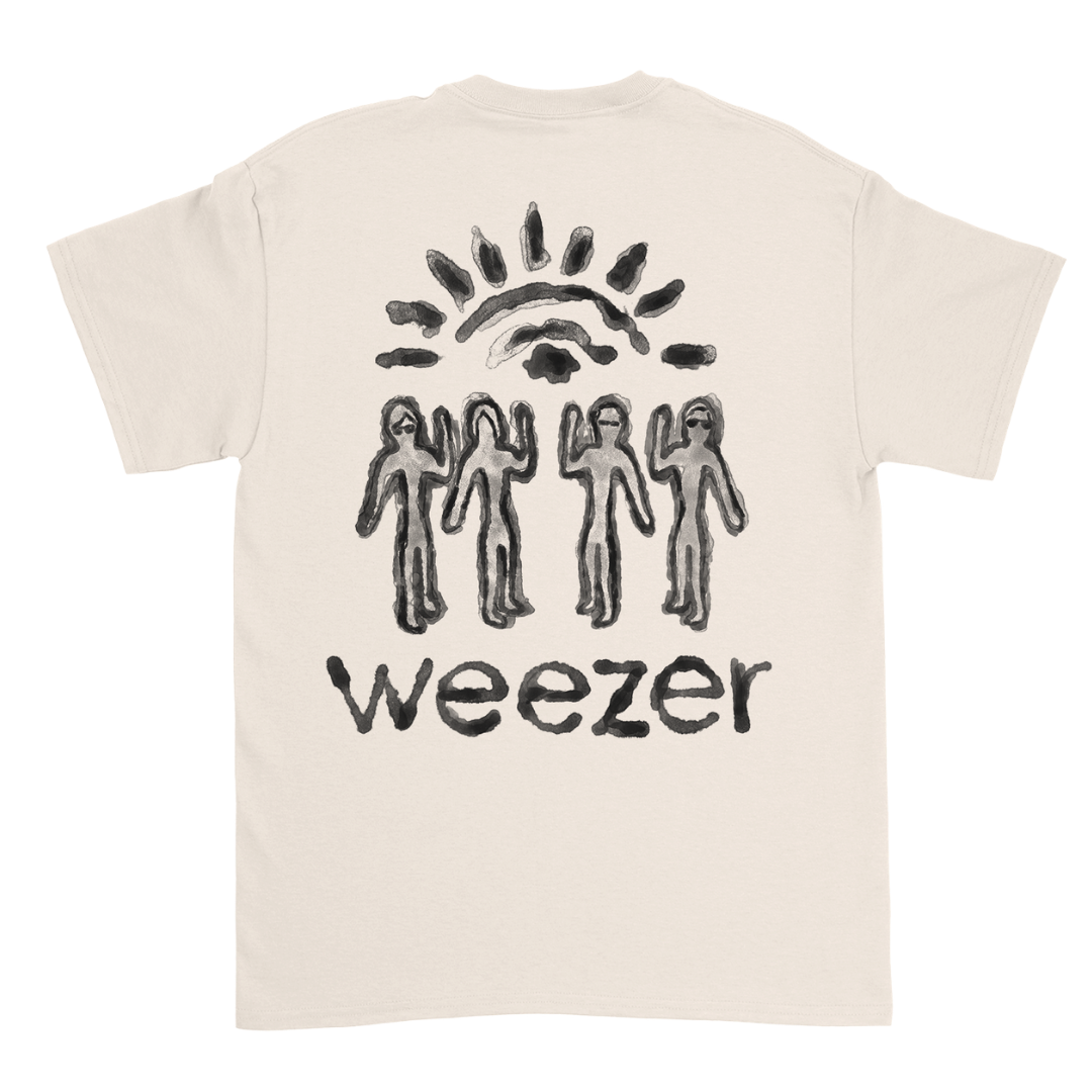 Cream-colored cotton unisex t-shirt with a black ink glyph shirt graphic and weezer text on the front