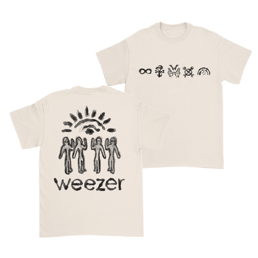 Cream-colored cotton unisex t-shirt featuring black glyph shirt graphics and bold weezer print called uniform wzr.t03 glyph shirt