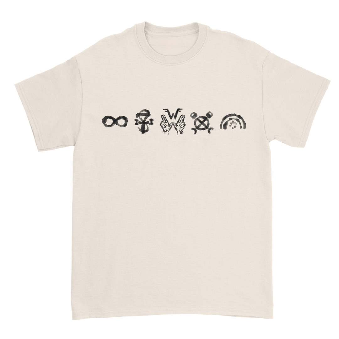 Cream-colored cotton unisex t-shirt featuring five black glyph graphics across the chest uniform wzr.t03 glyph shirt