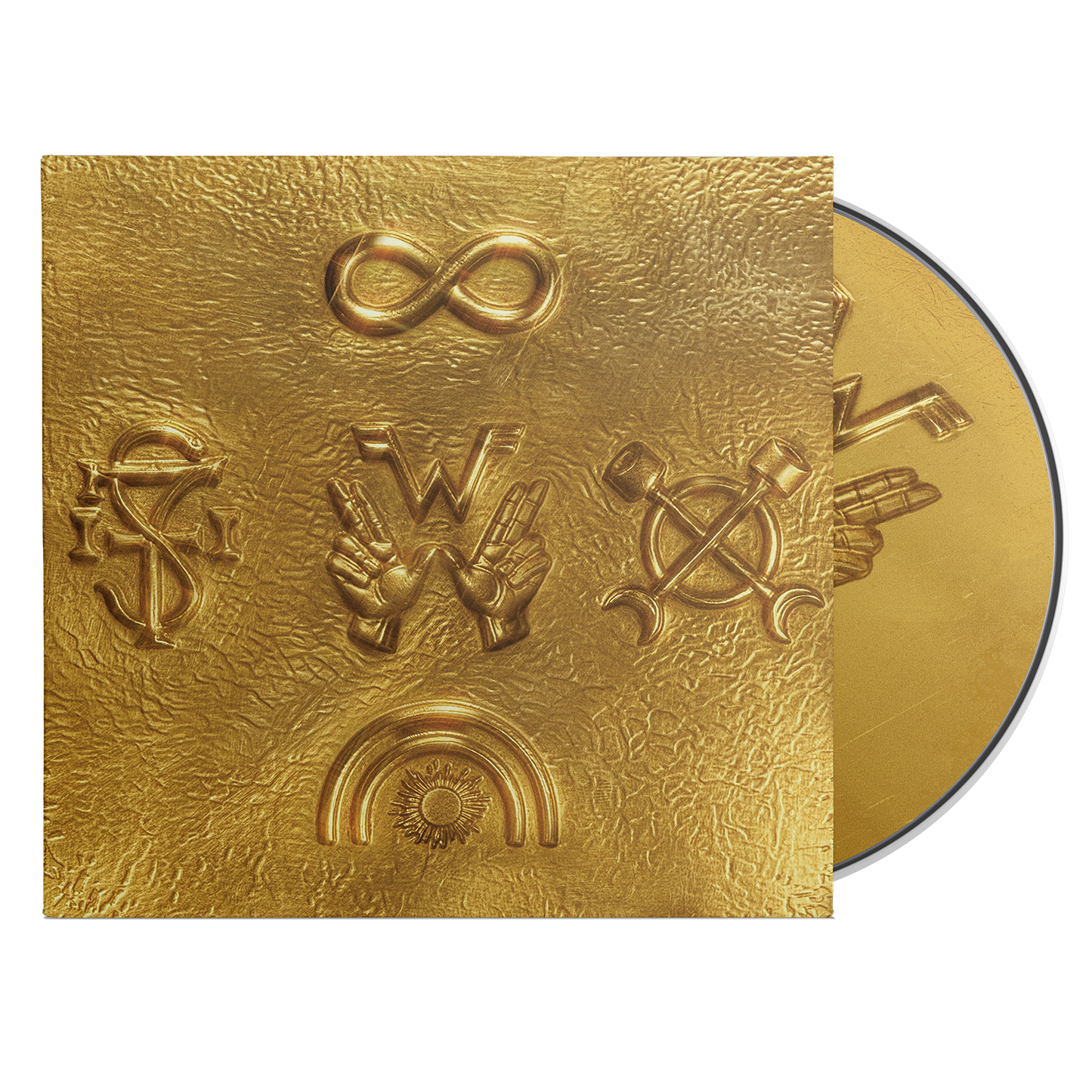 Golden vinyl preservation disc with embossed four symbols and textured metallic surface from weezer archive wzr product