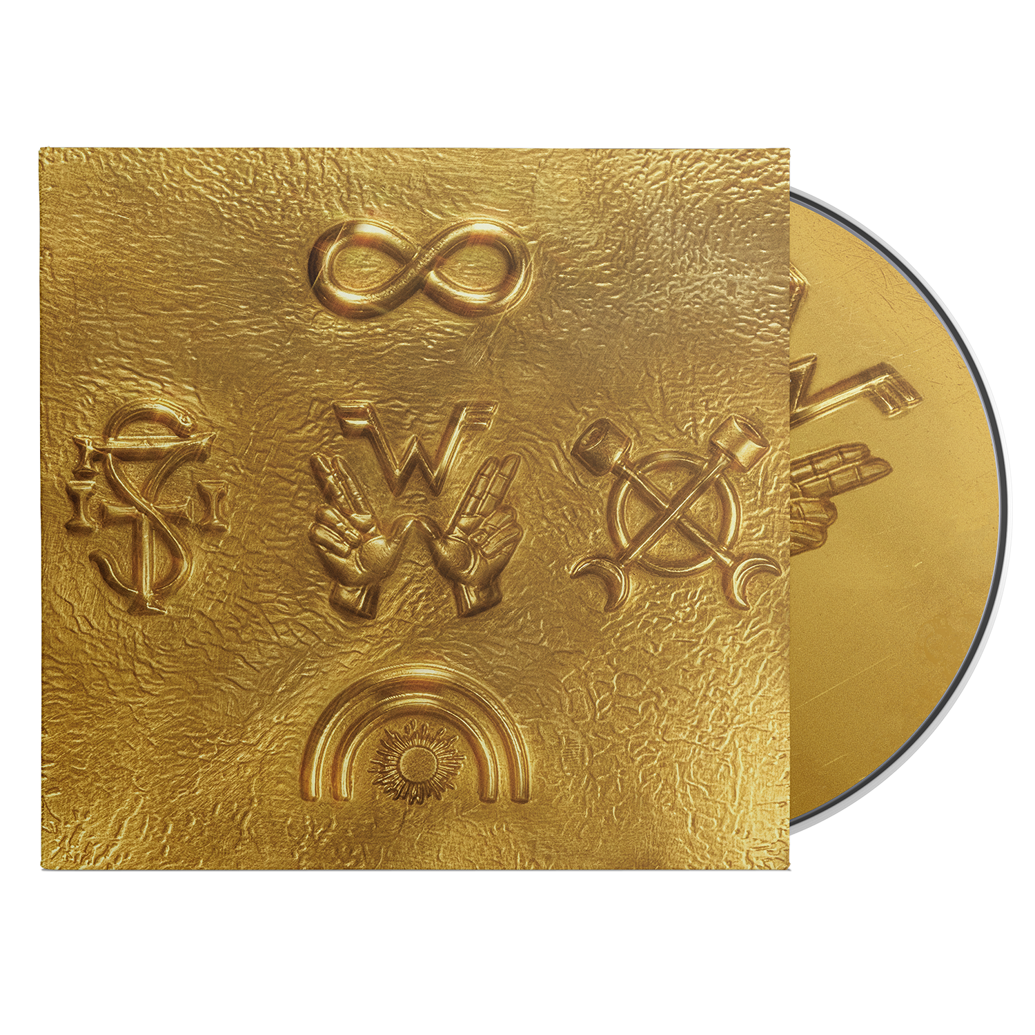 Golden vinyl preservation disc with embossed four symbols and textured metallic surface from weezer archive wzr product