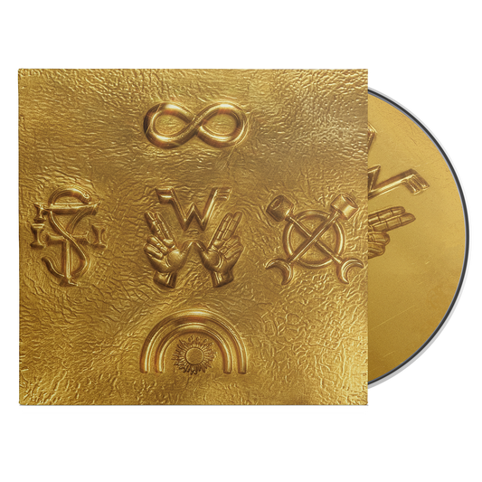 Golden vinyl preservation disc with embossed four symbols and textured metallic surface from weezer archive wzr product