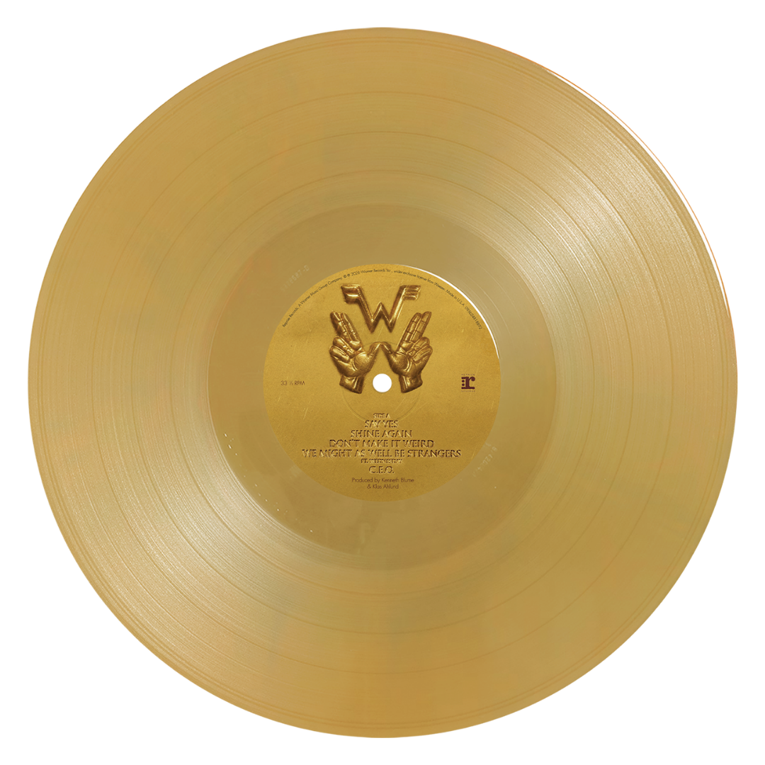 Weezer artifact wzr.001 yellow gold vinyl featuring embossed hands forming a w on the gold vinyl label