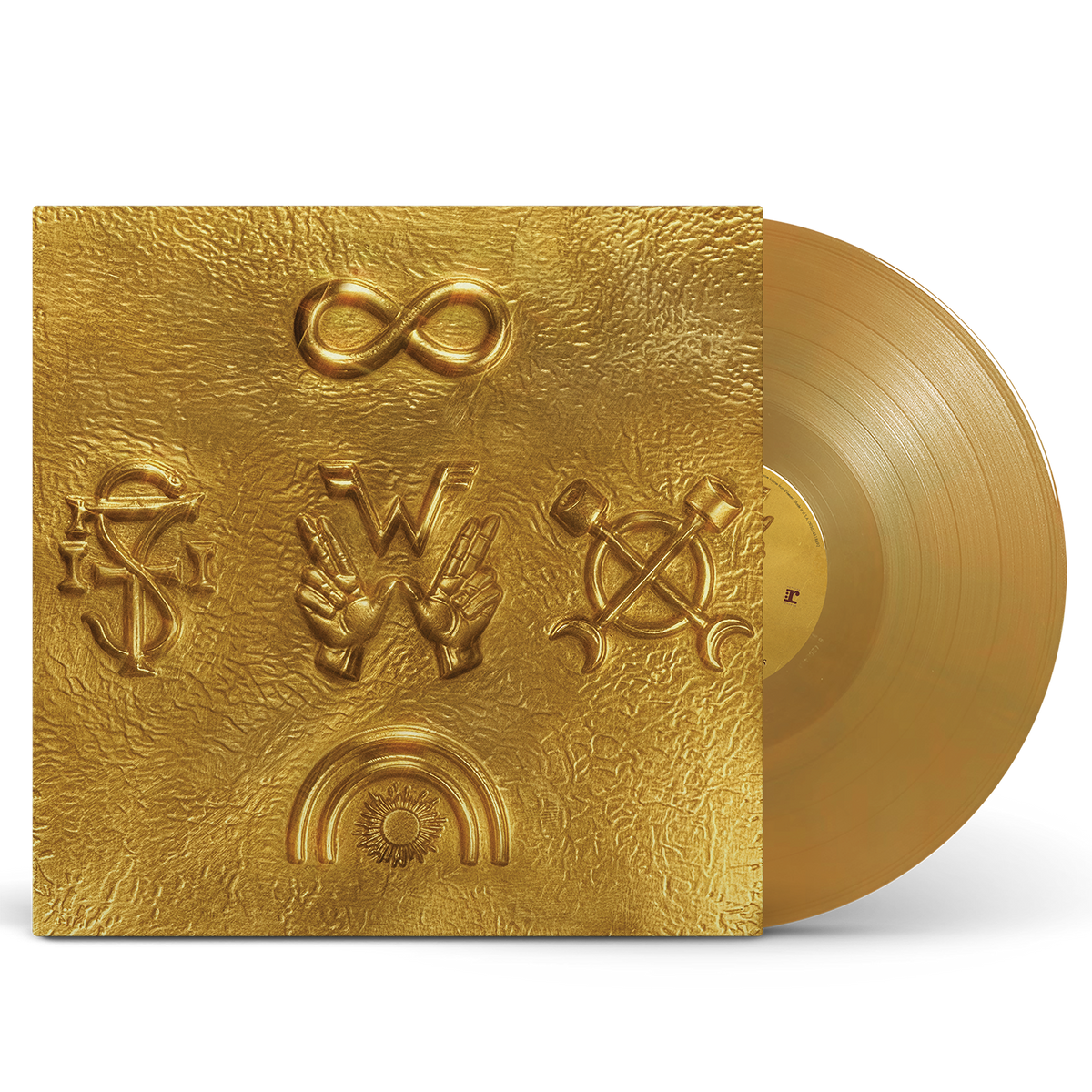 Weezer artifact wzr.001 yellow gold vinyl record with embossed symbols on gold vinyl including infinity and peace signs