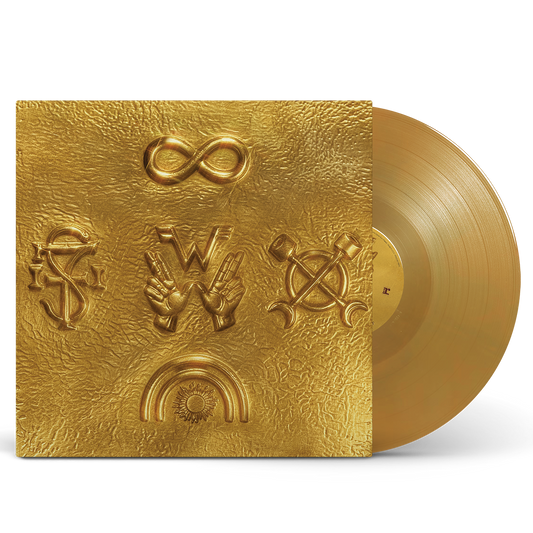Weezer artifact wzr.001 yellow gold vinyl record with embossed symbols on gold vinyl including infinity and peace signs