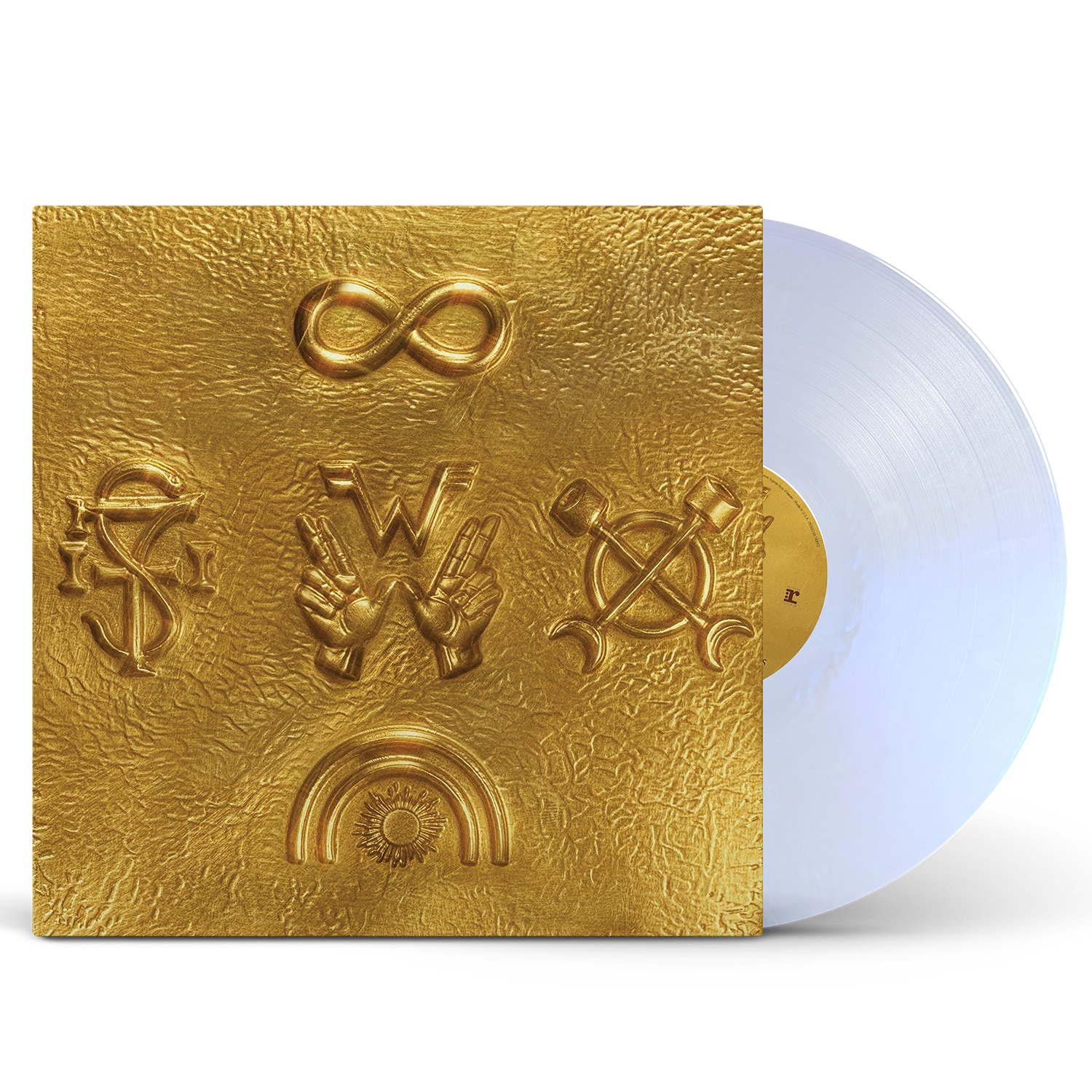 Weezer artifact wzr.002 gold vinyl featuring a gold textured disc with embossed symbols and a white gold translucent disc