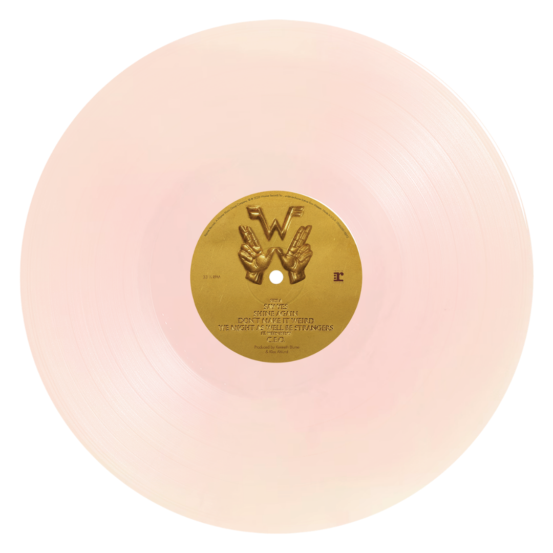 Weezer artifact wzr003 signed rose gold vinyl featuring a translucent pale pink record with gold vinyl center label