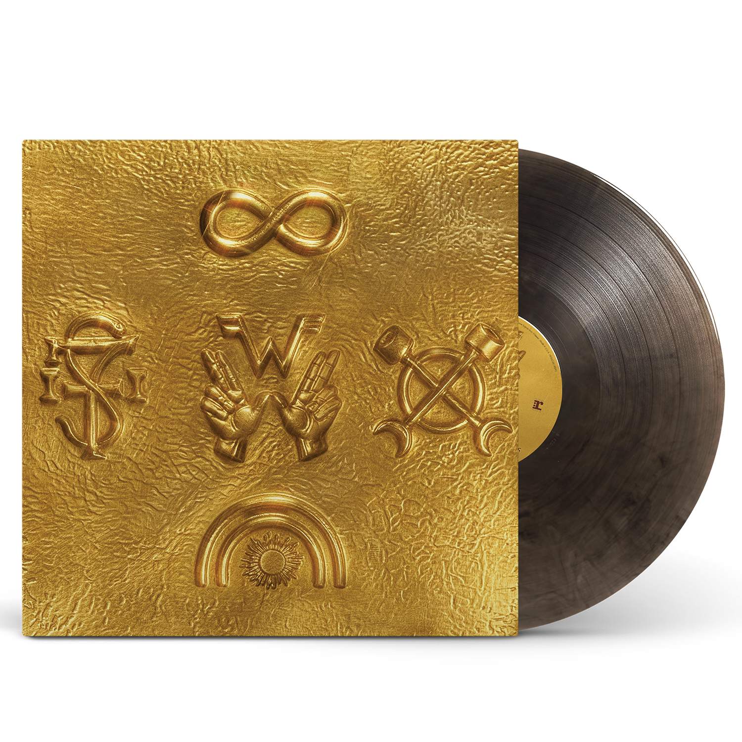 Golden textured vinyl record with embossed symbols and matching gold vinyl sleeve for weezer artifact wzr.004 black gold vinyl signed edition