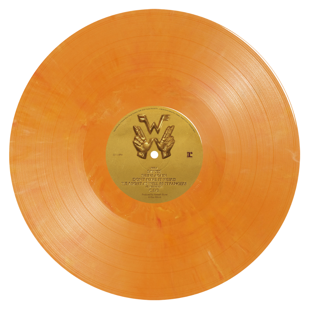 Weezer artifact wzr.005 fool’s gold vinyl features an orange translucent record with embossed hands and a gold center label signed art card included