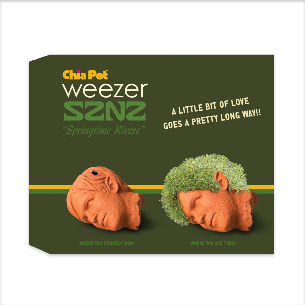 Chia Pet product packaging featuring two terracotta animal figurines, one with sprouted chia seeds.