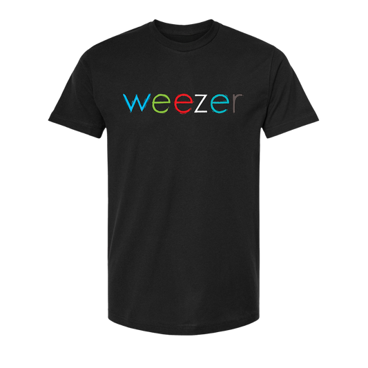 Black cotton t-shirt featuring the word ’weezer’ in a colorful, multi-hued font across the chest.