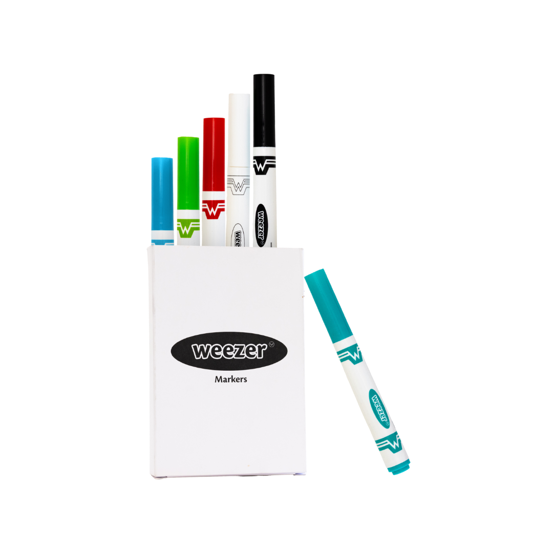 White weezer magic marker set with blue, green, red, black, and white markers for deluxe coloring book blue album edition