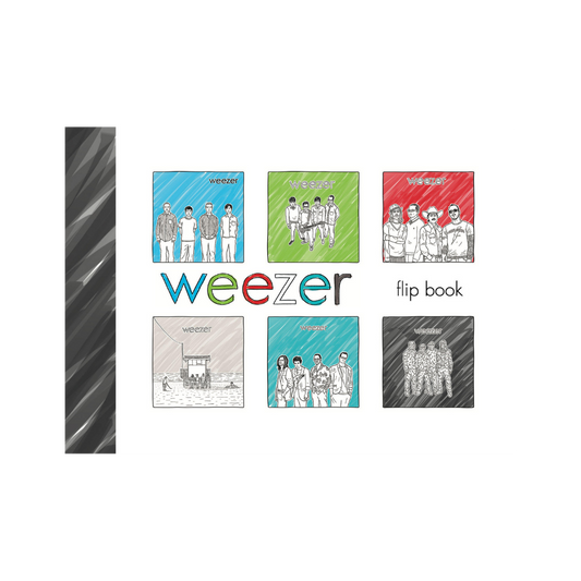 Weezer flip book featuring illustrated covers of their albums in a colorful, sketch-style design.