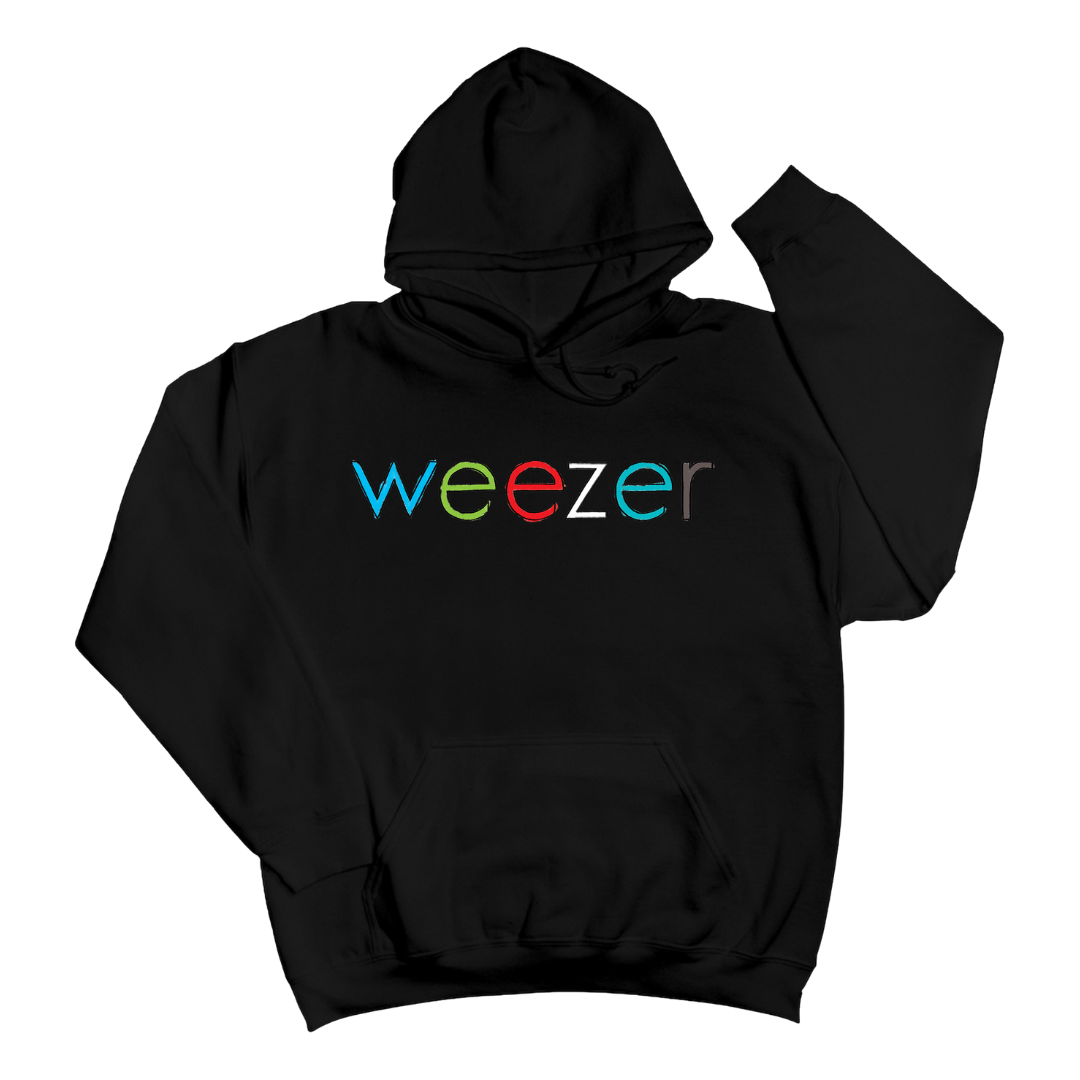 Black hoodie featuring the word ’weezer’ in a colorful, rainbow-gradient font across the chest.