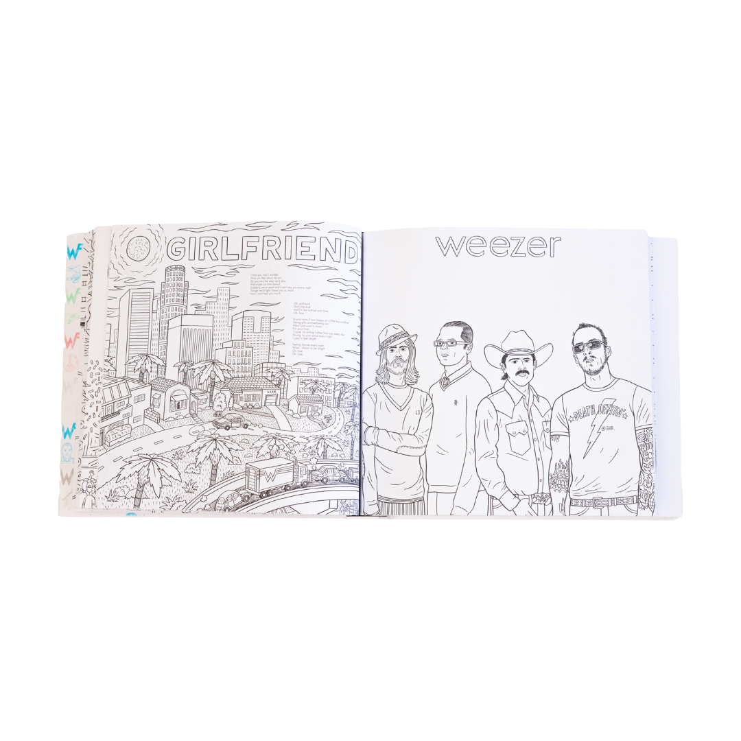 Black-and-white line art coloring book page featuring the band weezer and a cityscape illustration labeled ’girlfriend’