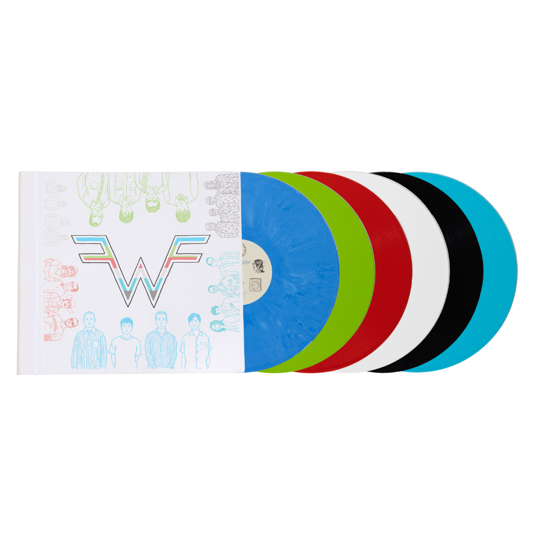 A vibrant multi-colored vinyl record set featuring translucent blue, green, red, white, black, and cyan discs arranged in a fan-like display.