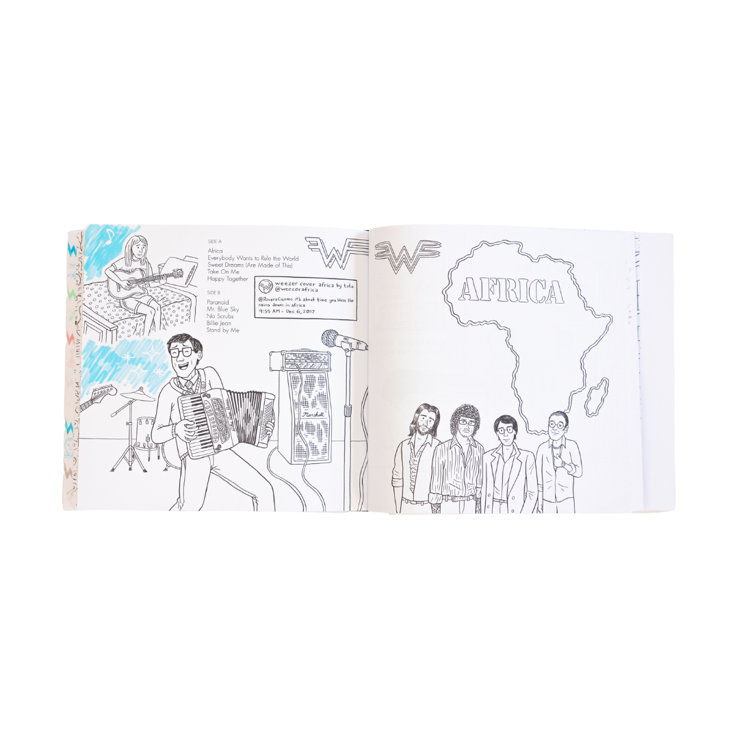 Open sketchbook featuring hand-drawn illustrations in black ink with blue watercolor accents, including a musician playing an accordion and a group of people standing beside a map outline labeled ’africa.’
