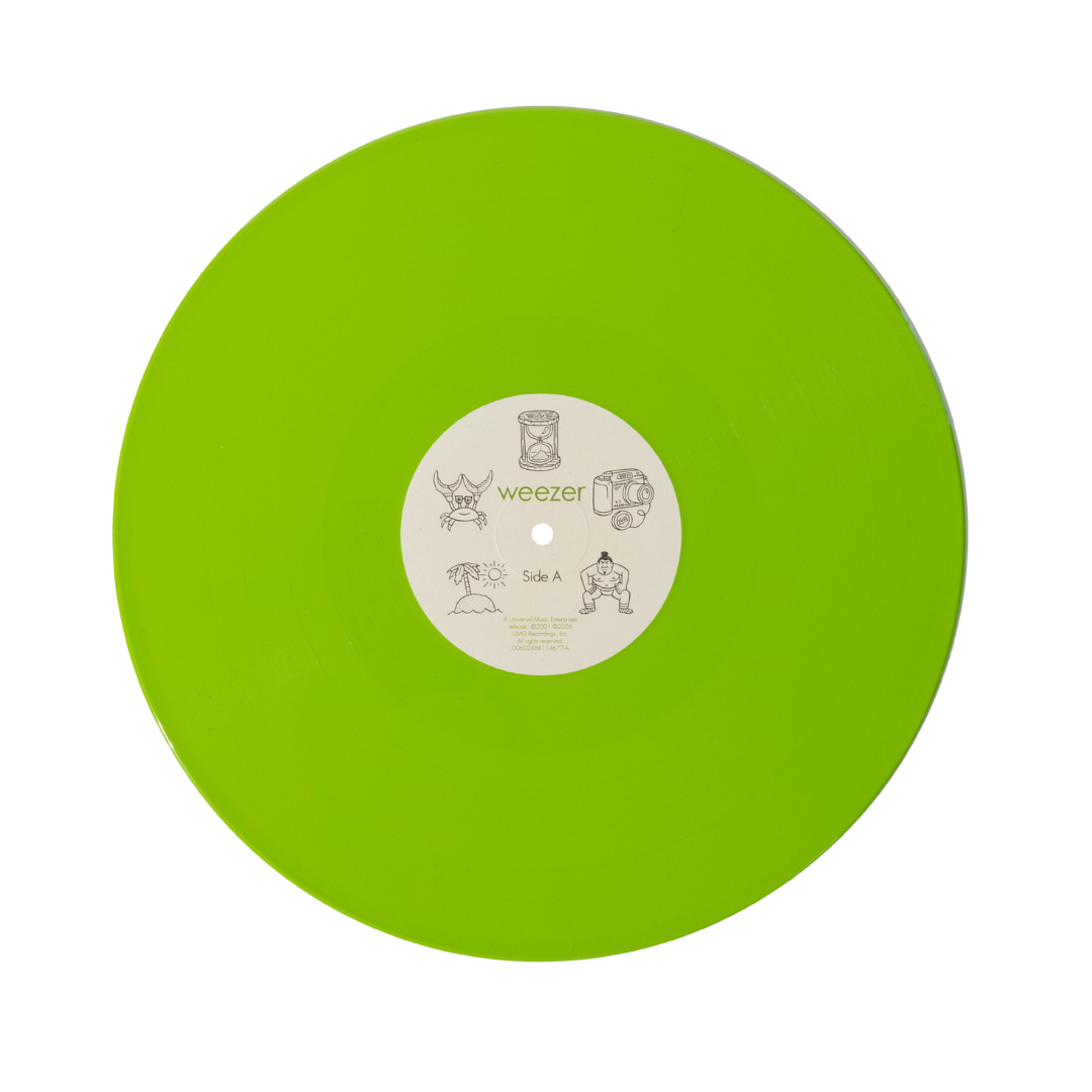 Vibrant lime green vinyl record with a white center label featuring the band weezer’s logo and illustrations.