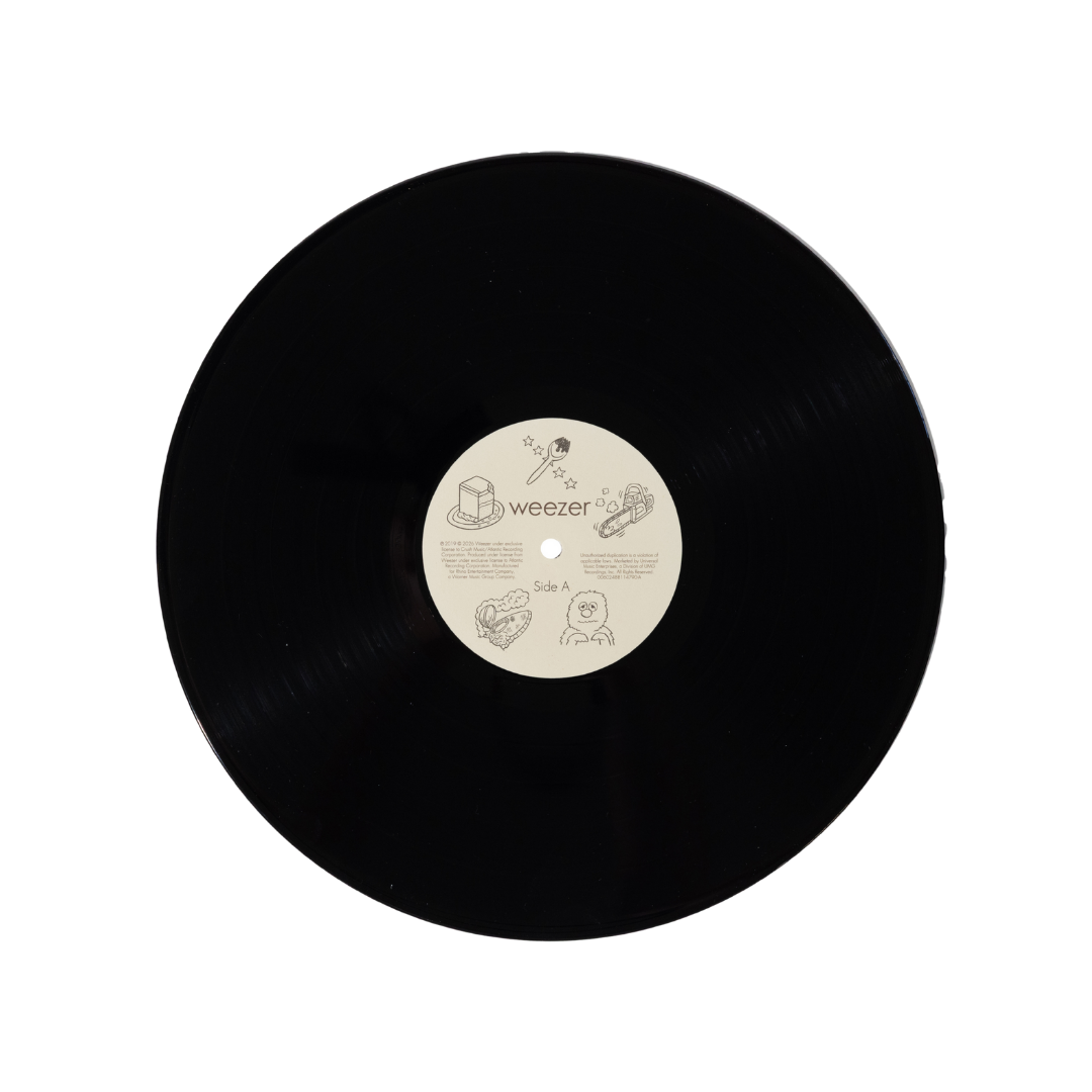 Black vinyl record with a cream-colored center label featuring the band name ’weezer’ and minimalist line drawings of various objects.