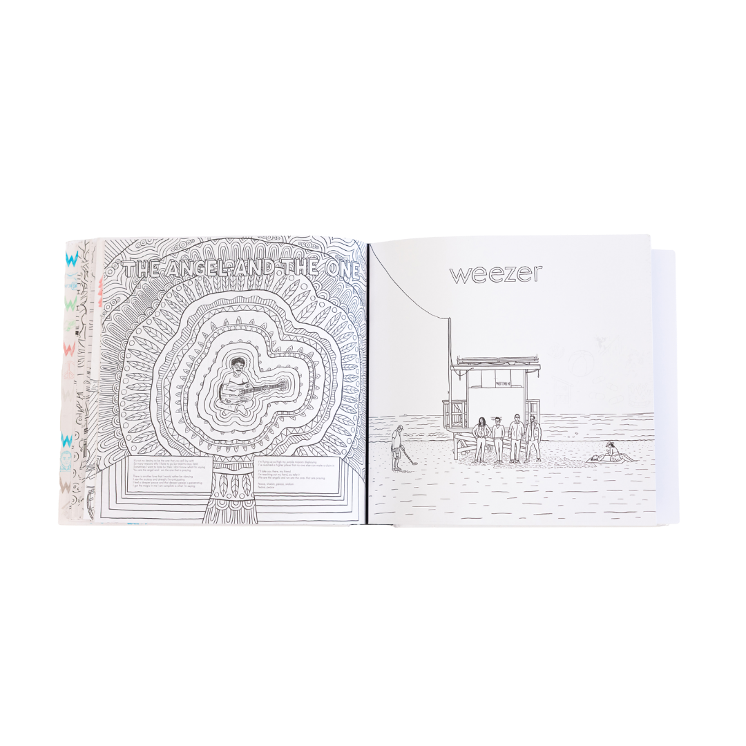 The angel and the one album cover by weezer, featuring intricate black-and-white line art with a mandala-like design surrounding a central figure playing guitar.