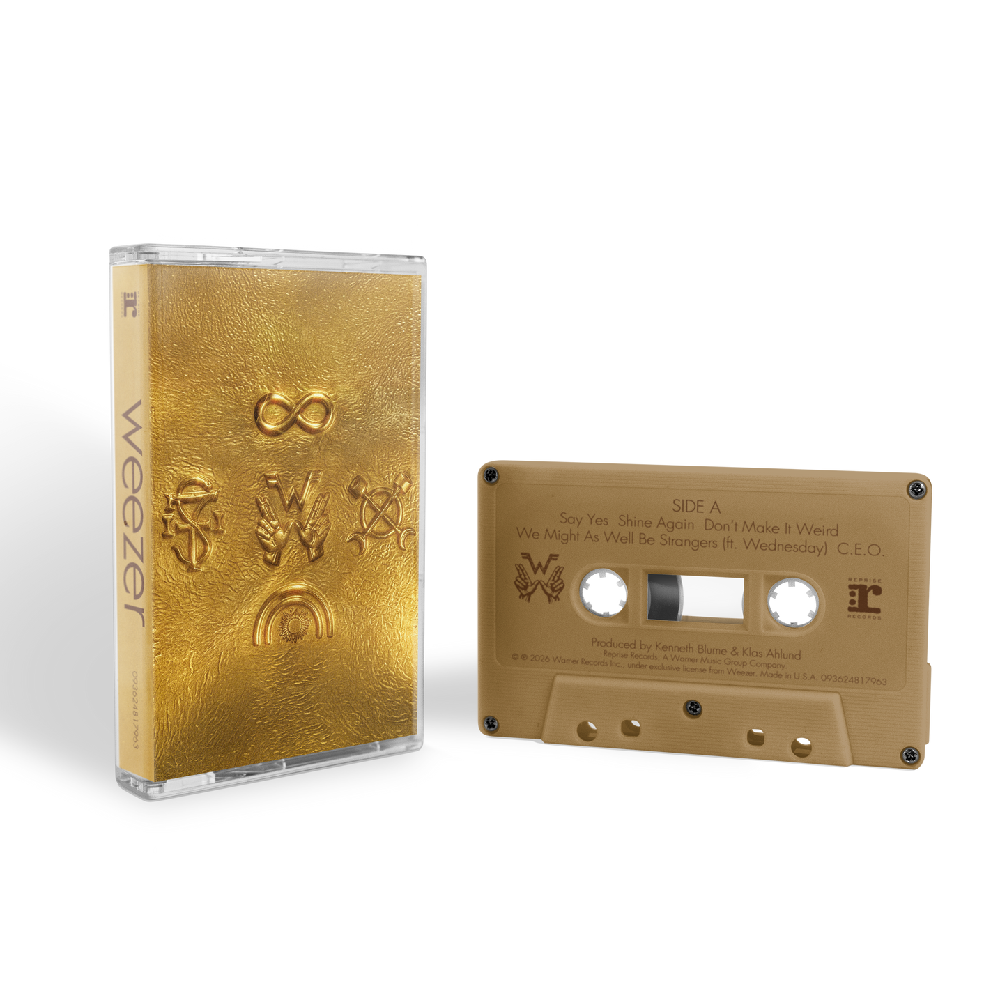 Gold signal capture cassette by Weezer with embossed symbols in a clear plastic case for Relic WZR.C01