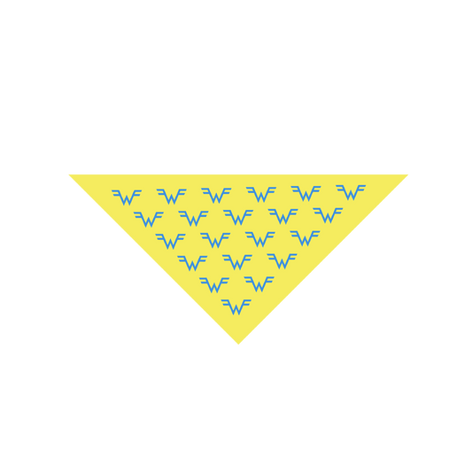 Yellow triangular bandana or neckerchief with repeating blue ’WF’ logos.