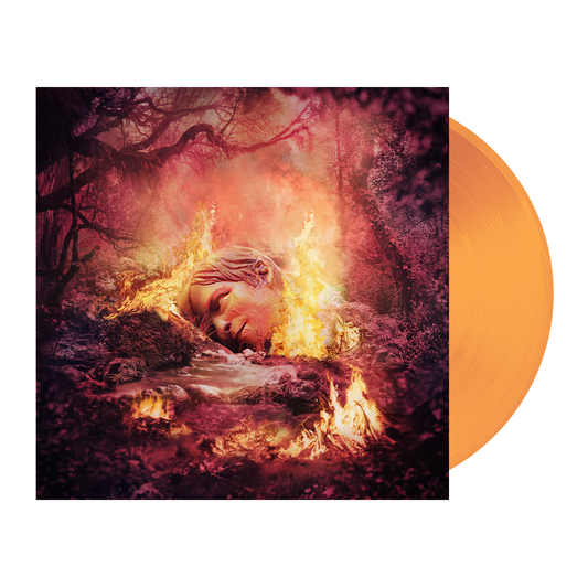 Album cover artwork featuring a surreal forest scene with a face emerging from flames.