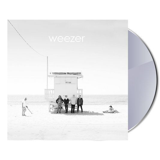 Album cover for Weezer featuring a beach scene with a lifeguard tower and band members.