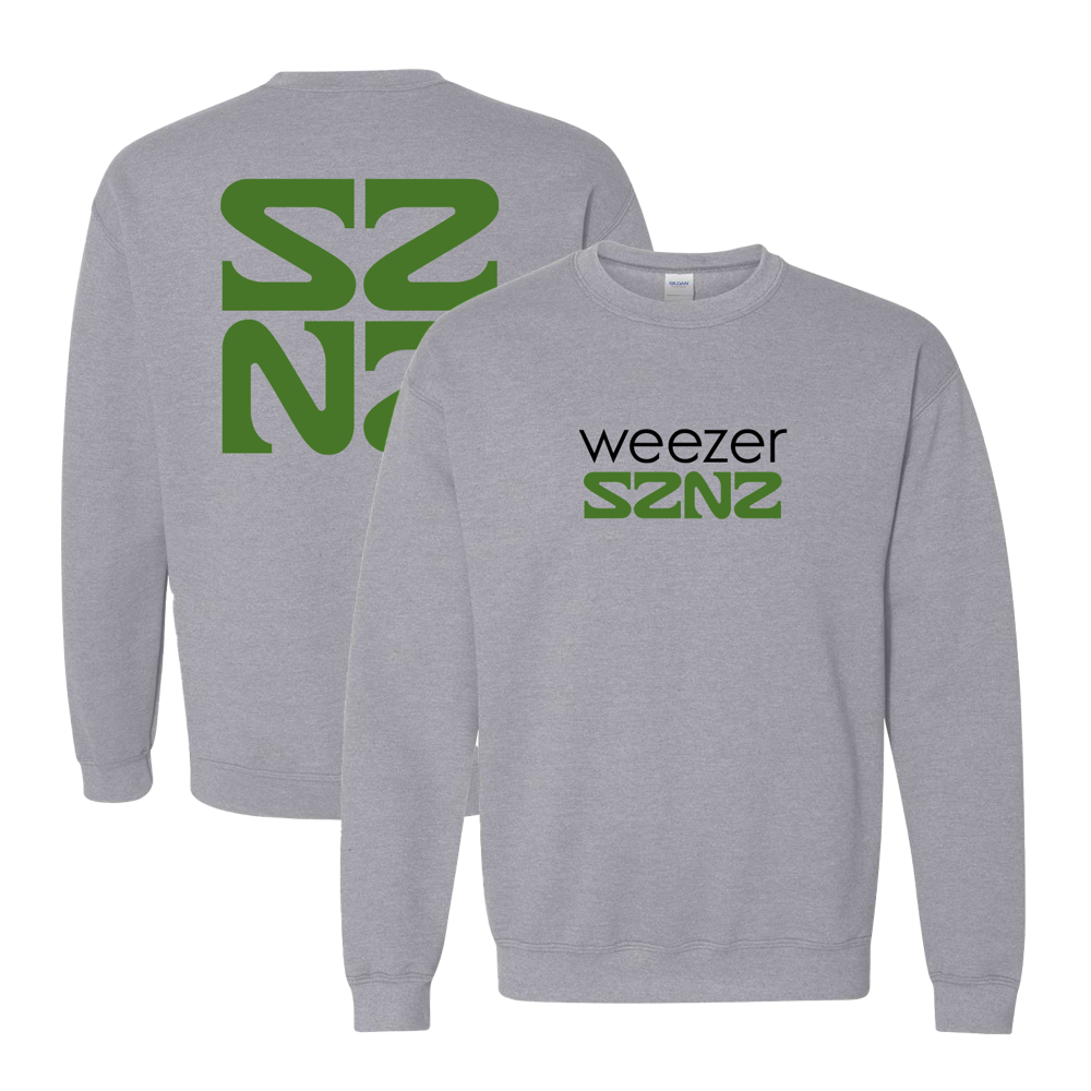 Gray sweatshirt with ’Weezer SZNZ’ text and green logo design on front and back.