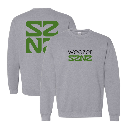 Gray sweatshirt with ’Weezer SZNZ’ text and green logo design on front and back.