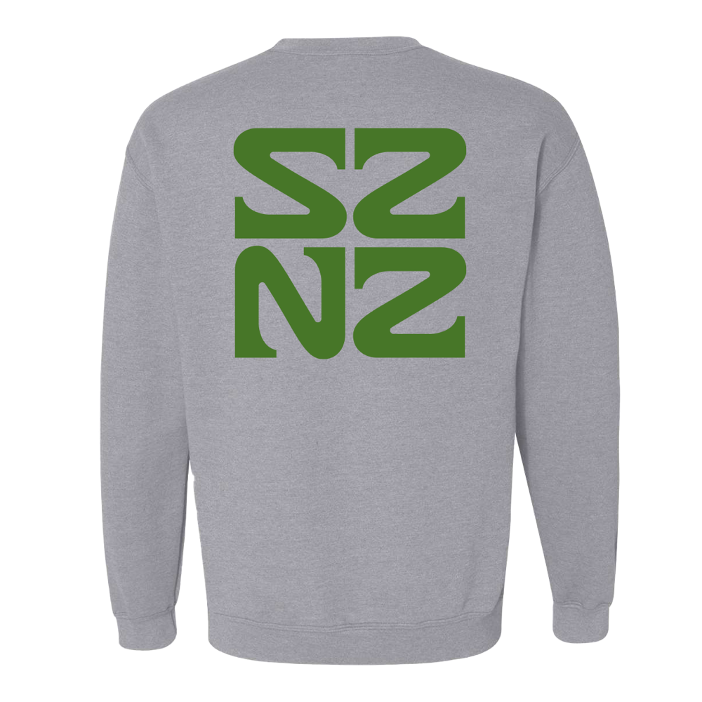 Gray sweatshirt with a green ’S2N2’ logo on the back.