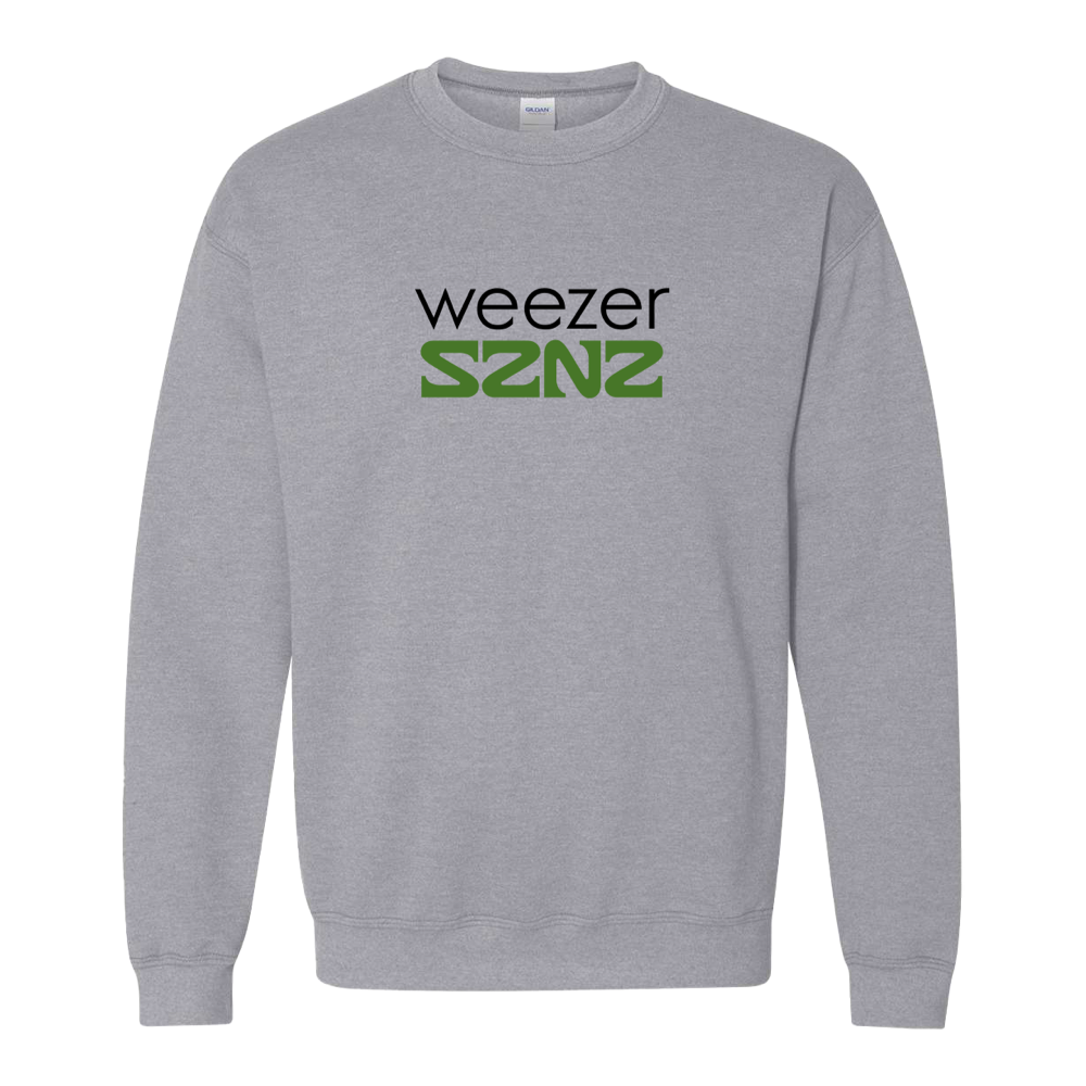 Gray sweatshirt with ’Weezer SZNZ’ printed on the front in black and green text.
